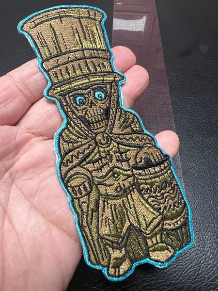 Image of 6” Hat Box Ghost Tiki Mug patch with iron on backing