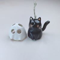 Image 1 of Black kitten with ghost mask ceramic figurine (tiny Hole For Flowers)