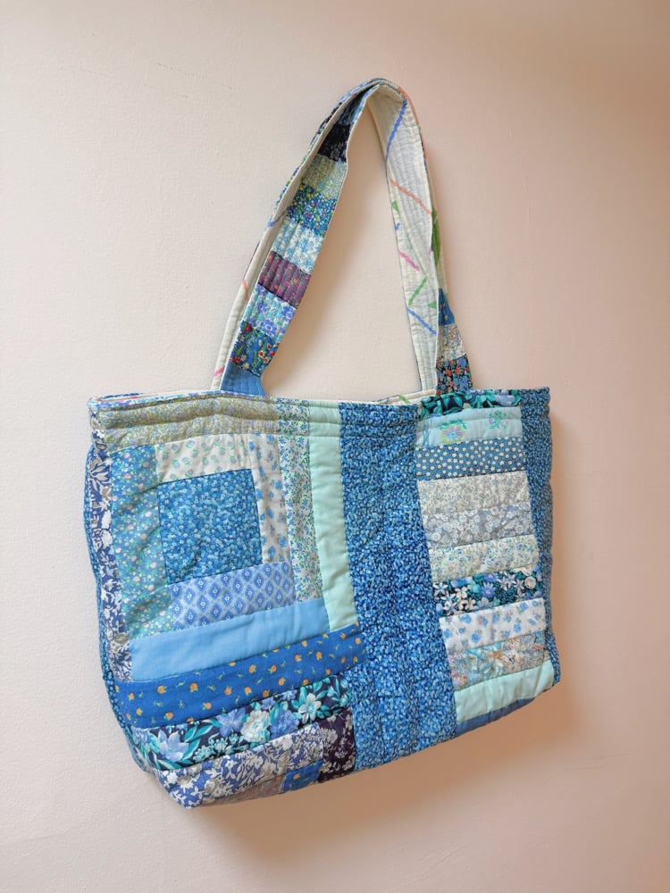 Image of Large Quilted Tote Bag — Blue Log Cabin