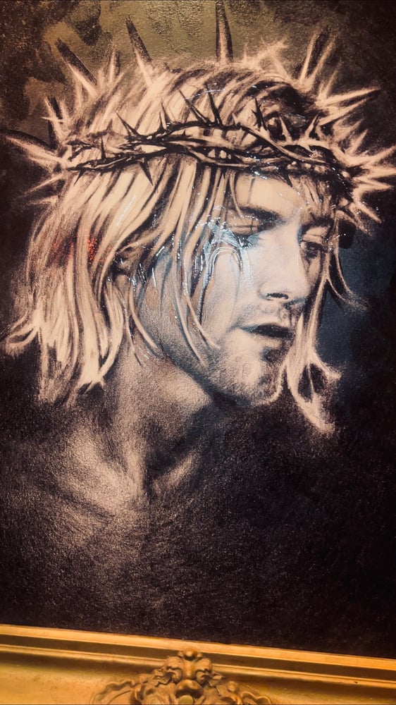 Image of ‘KURT COBAIN’ - HAND EMBELLISHED PRINT IN LATE 19TH-CENTURY ANTIQUE FRAME - { 1 / 1 }