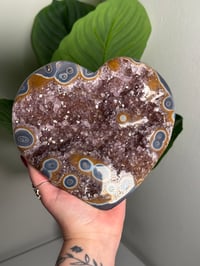 Image 3 of AGATE X AMETHYST STALACTITE HEART ON CUSTOM STAND -URUGUAY- A
