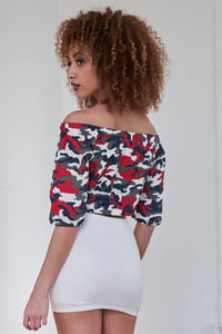 Image 3 of Red White and Navy Zipper Front  Camouflage Print Crop Top