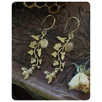Image 3 of Victorian Floral Spray Honey Bee and Mexican Opal Solid Brass Earrings 