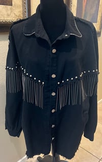 Image 2 of Black Denim Jacket Silver Fringe Studs AC/DC