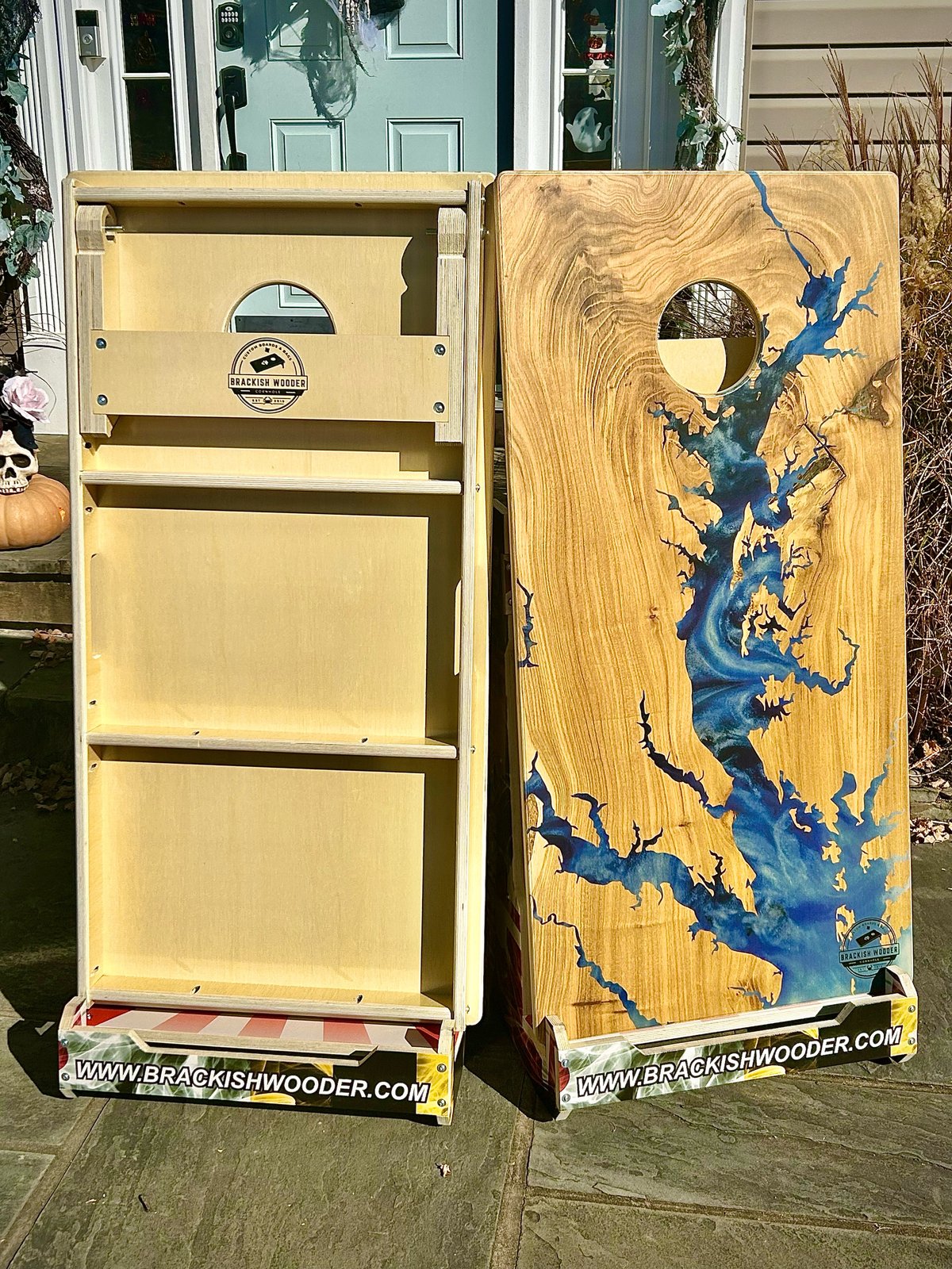 Brackish Wooder Cornhole Boards - Chesapeake Bay Epoxy on Olive