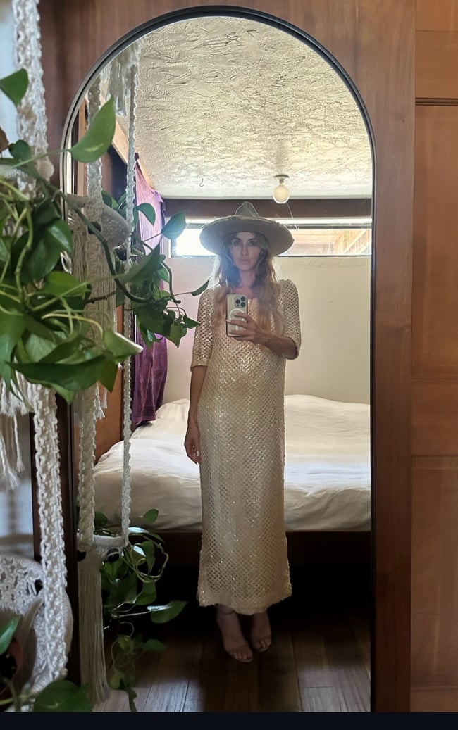 late 60s plunging low back champagne sequin crochet maxi dress