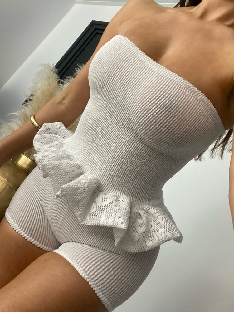 Image of Bubble Peplum Bandeau Top OR Micro Short Co-Ord White Crinkle