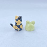 Image 5 of calico cat with frog hat ceramic figurine