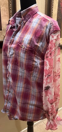 Image 4 of Vintage Funky Pink/Gray Cotton Shirt Pink Floral Print Sleeves Deer