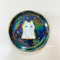 Image 1 of ghost cat trinket dish with rainbow effect (3.5 Inches Diameter)