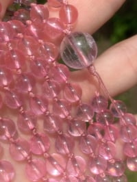 Image 2 of Pink Topaz Mala with Gem Kunzite Guru Bead, Pink Topaz 108 Bead Hand Knotted Gemstone Necklace