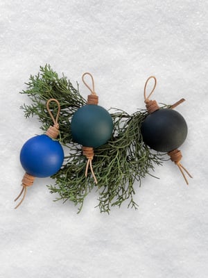 Image of WOODEN BALL ORNAMENTS - BLUES - SET OF 3