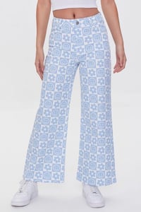 Image 2 of FOREVER 21 smiley face and floral print retro bell bottom jean pants 