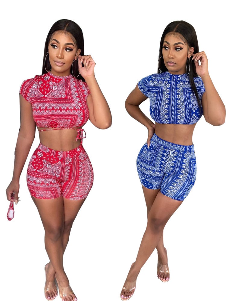 Image of Sexy Printed Crop Top Shorts Two Piece Sets 