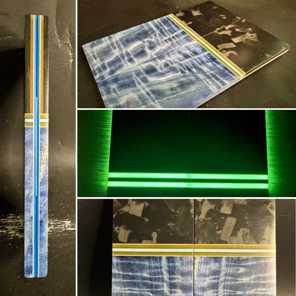 Image of Large Flake Carbon Fiber & Curly Cottonwood GLOW Segmented Knife Scales