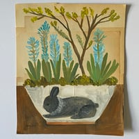 Grey rabbit dish with hyacinths - book page artwork 