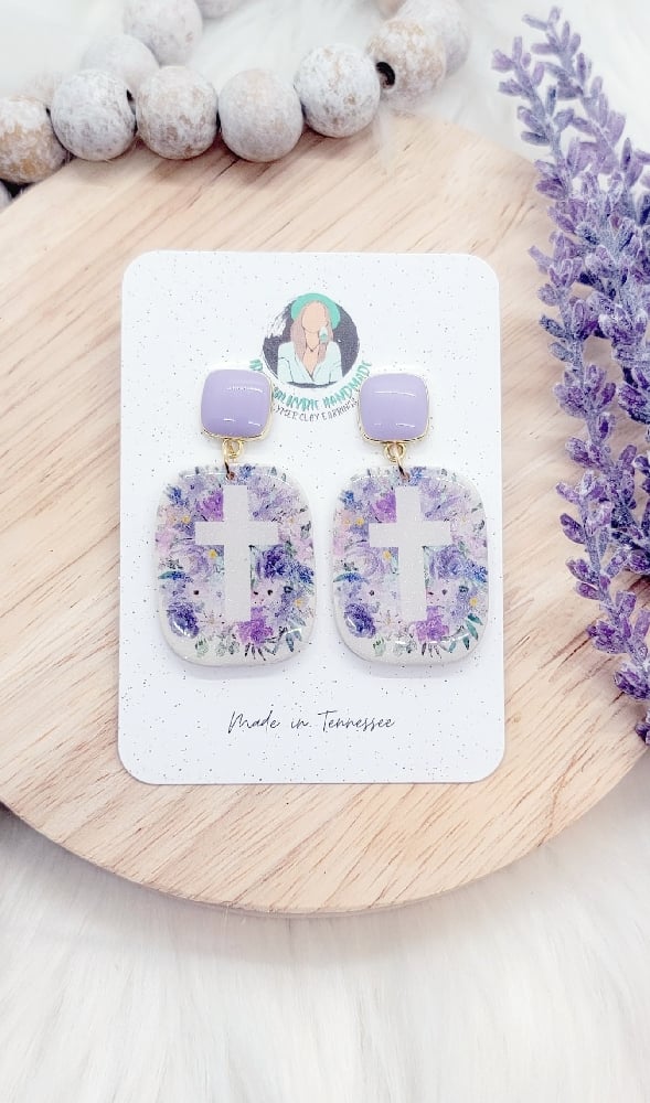 Image of Purple Floral Cross Dangles