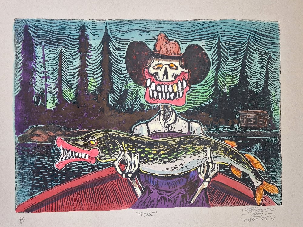 Pike Hand Embellished Linocut ( 3 Available)