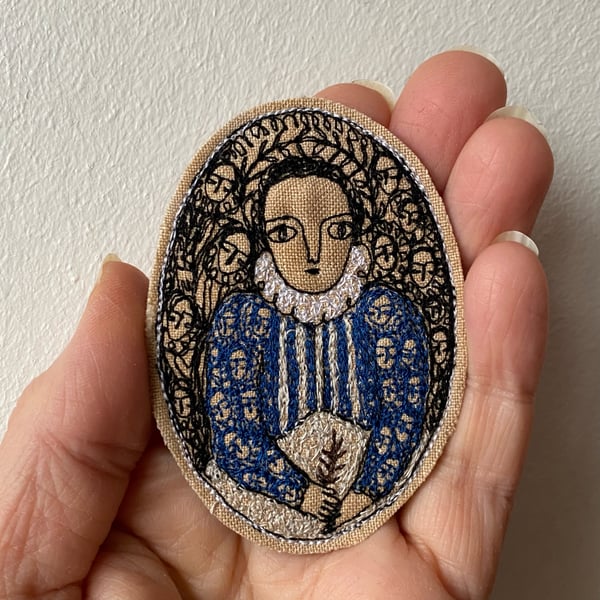 Image of NEW WORK Portrait of a poet in royal blue and silver - larger embroidery brooch 