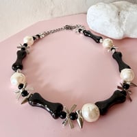 Image 4 of Big Chunky Black Bone and Pearl One of a Kind Necklace