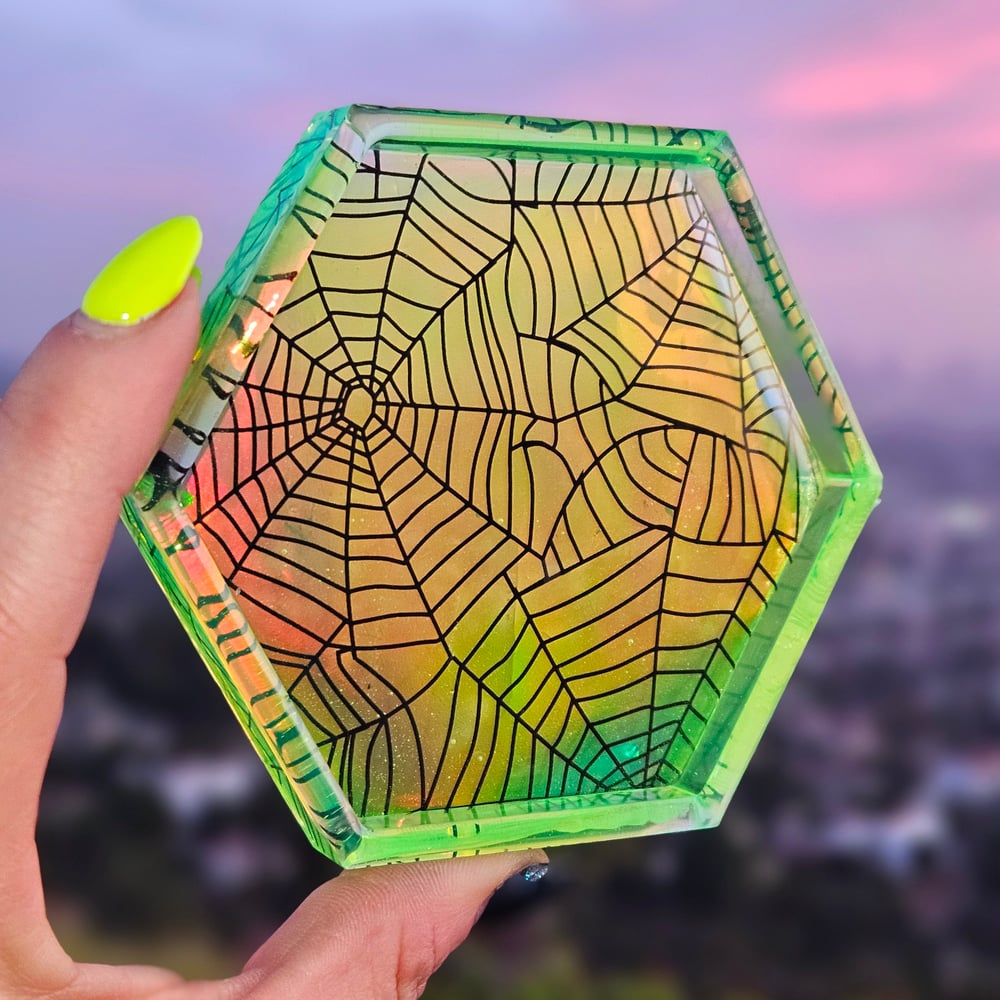 Image of Neon Yellow Spiderweb Hexagon Coaster