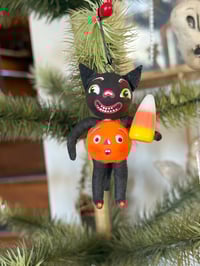 Grinning Black Cat with Candy Corn and Jack O' Lantern II