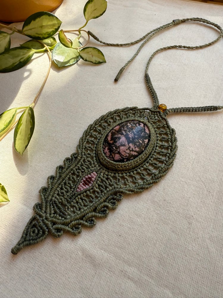 Image of Macrame necklace with Rhodonite stone 