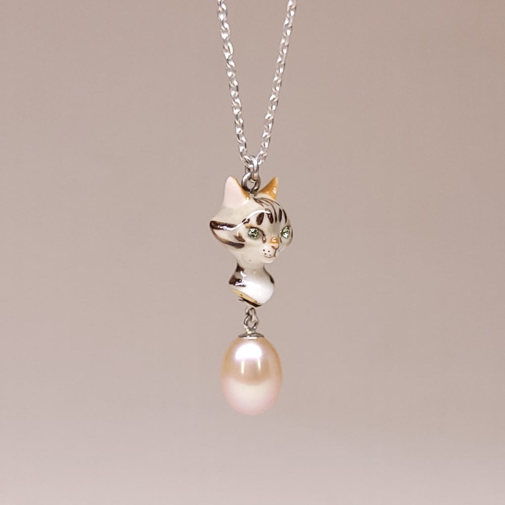 Image of Brown Tabby Porcelain & Sterling Silver Pearl Drop Pendant