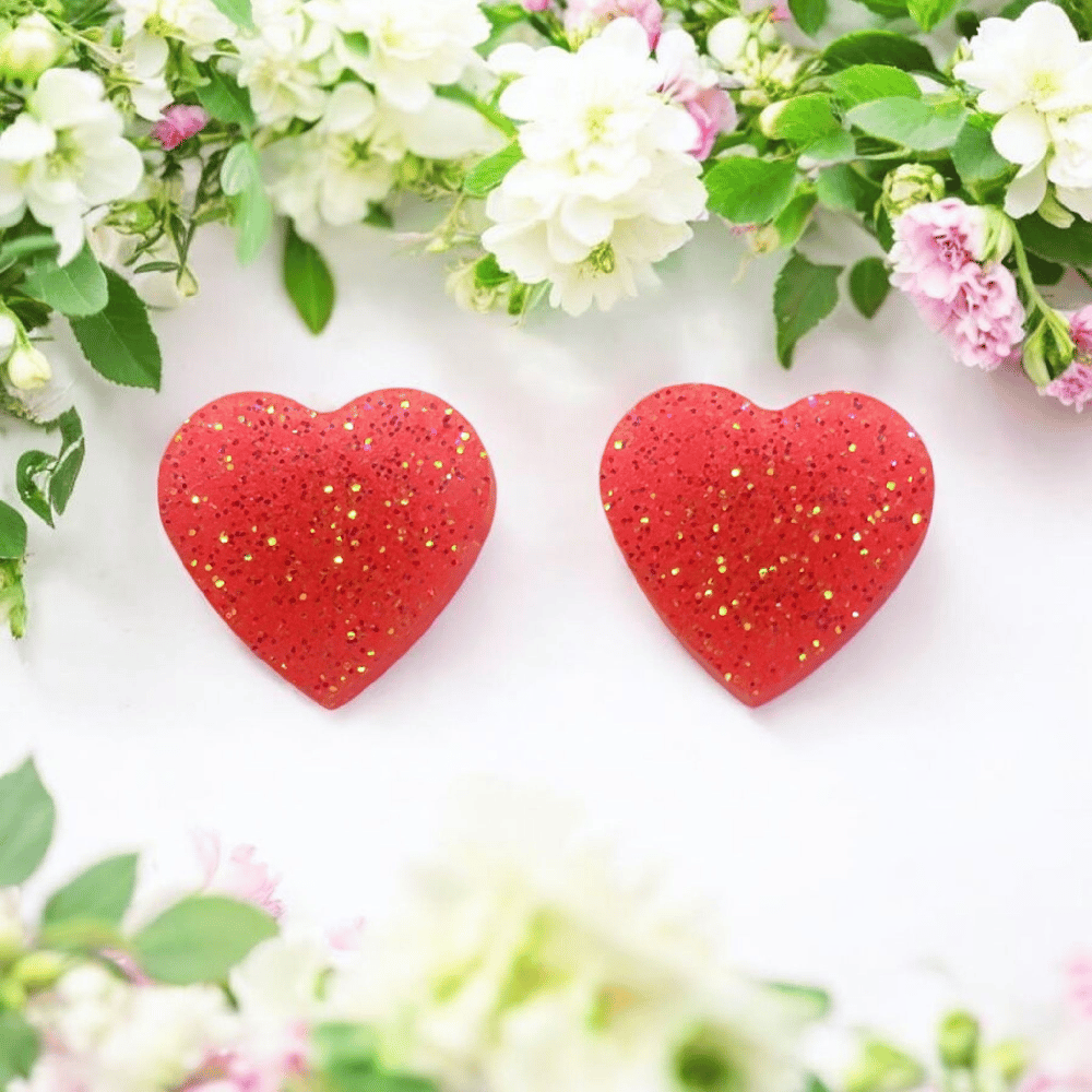Image of Coral Glitter Hearts Stud Earrings