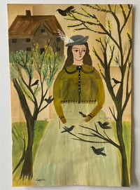 Woman in green with spring trees and birds - book page artwork 