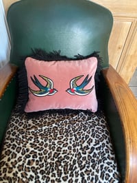 Image 16 of Pink Velvet Swallow Patch Cushion With Gold or black Fringe
