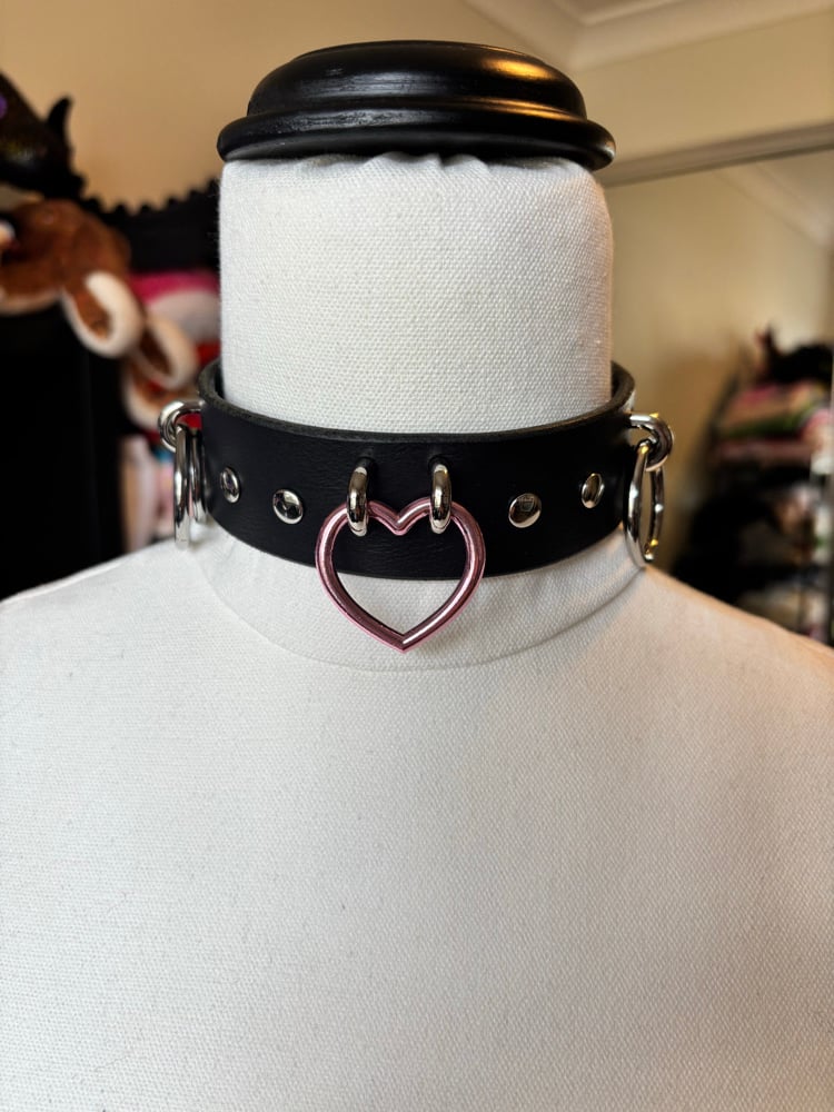 Image of Pink Heart Black Leather Collar
