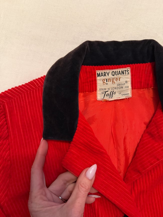60s Mary Quant red mid blazer with elbow patches 