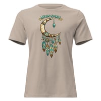 Image 1 of Moon Spirit Cowgirl Women’s Western Tee – Turquoise Feather Crescent Moon Boho Cowgirl Shirt