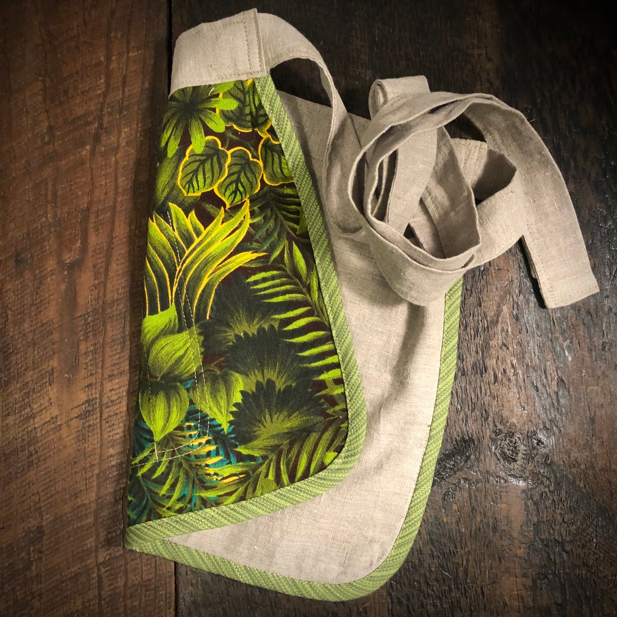 Happy Host Apron | Vintage Couture | Handmade Vintage Green Tropical Print. Natural European linen.