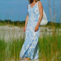 Image 1 of TOMMY BAHAMA blue and white floral Hawaiian print sleeveless maxi dress