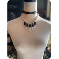 Image 1 of SALE - The Ariella Necklace - Freshwater Pearls Clear Quartz and Black Leather 