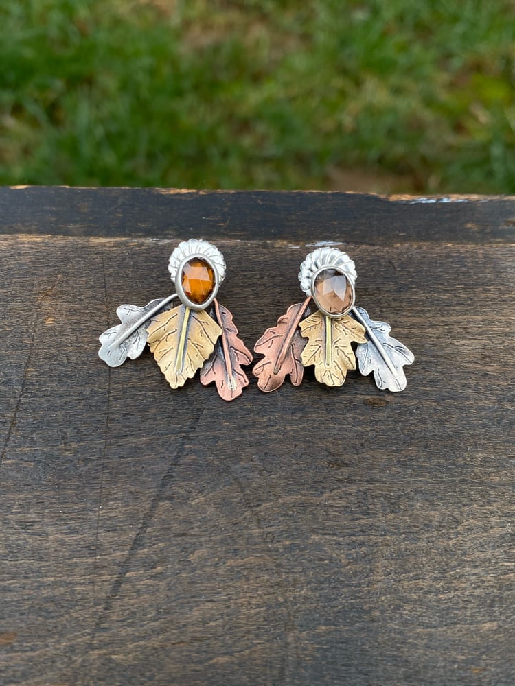 Image of Mixed Leaf Mixed Metal Mismatch Color Zircon Jacket Earrings