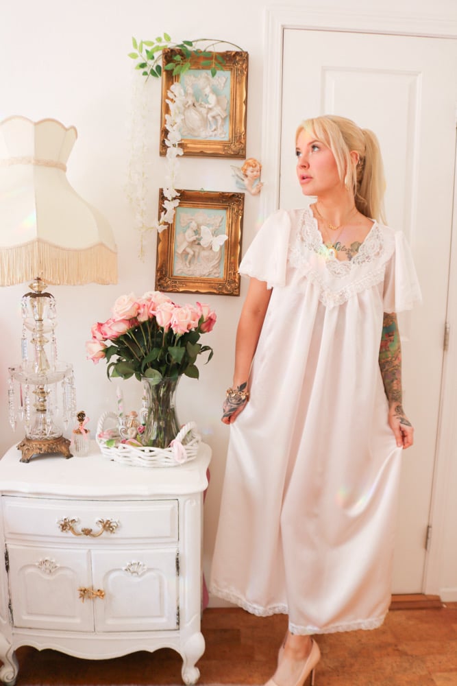 Image of Vintage 1980s Christian Dior Union Made Pastel Pink Princess Nightgown (Small)