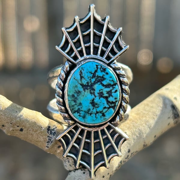 Image of Kingman Nugget Turquoise Handmade Sterling Silver Spiderweb Ring