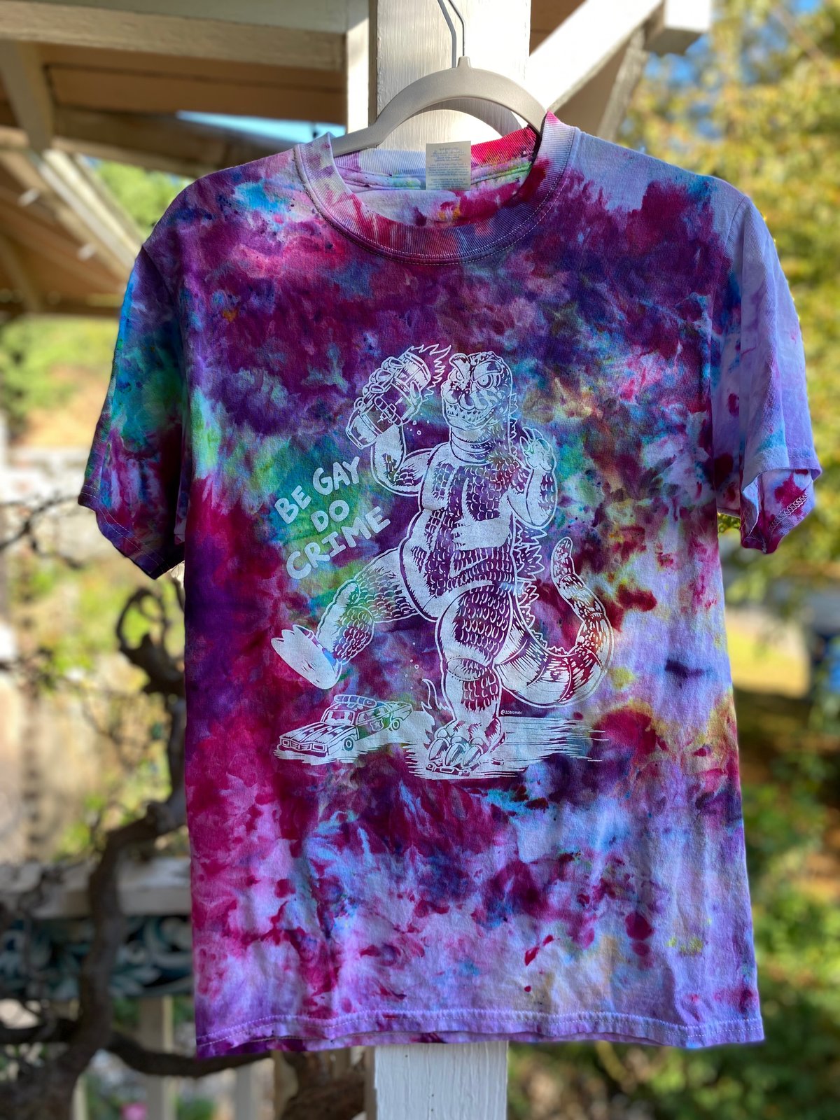 Image of SMALL Godzilla Be Gay Do Crime Tie Dye Shirt 5