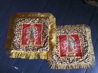 Image 14 of Leopard print fabric and red virgin of Guadalupe cushion cover with gold fringe or black fringe