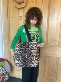 Image 4 of Black cat patch leopard large lined tote bag