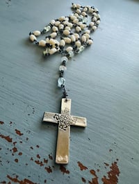 Image 3 of hand wrapped pearl and gemstone rosary style necklace with cross pendant