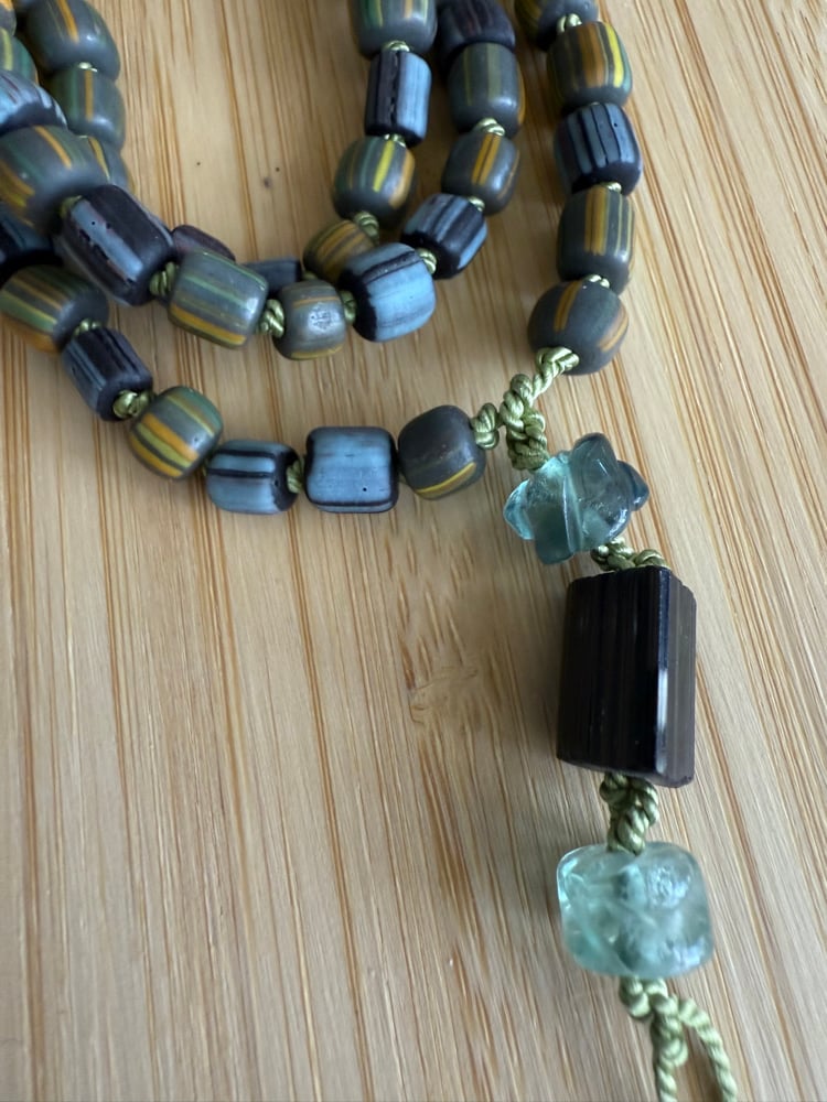 Image of Green-Blue Indonesian Gooseberry Glass Beaded Necklace with Fluorite & Tourmaline Talisman