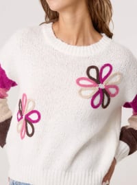 Image 2 of Striped Colour Sleeve Embroidered Flower Jumper Pink
