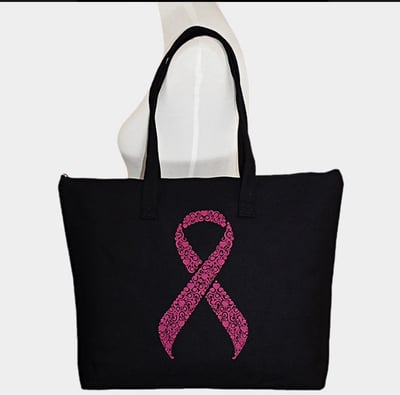 Image of Black Tote With Pink Ribbon Design