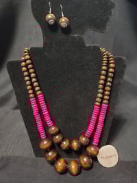 Necklace/Earring Set - wood, pink