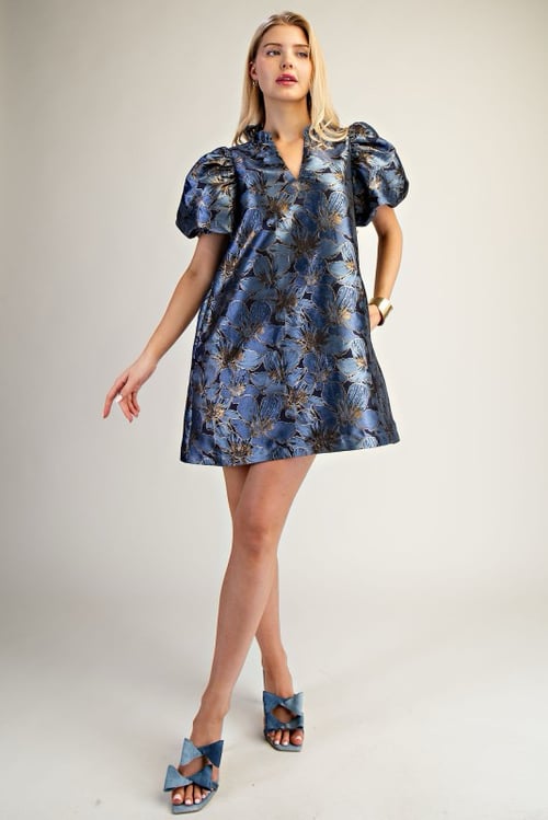 Image of Blue Floral Puff Sleeve Dress 