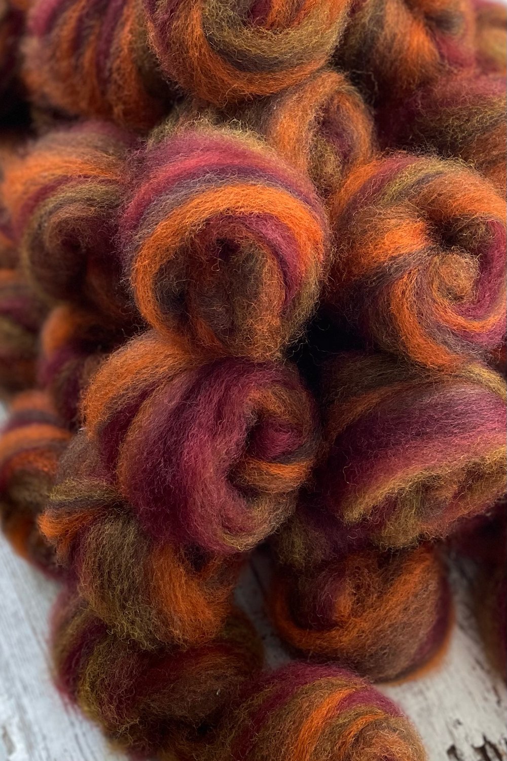 4 oz. • Pumpkin Spice roving: on Romney & Romney Hogget from Iron Water Ranch